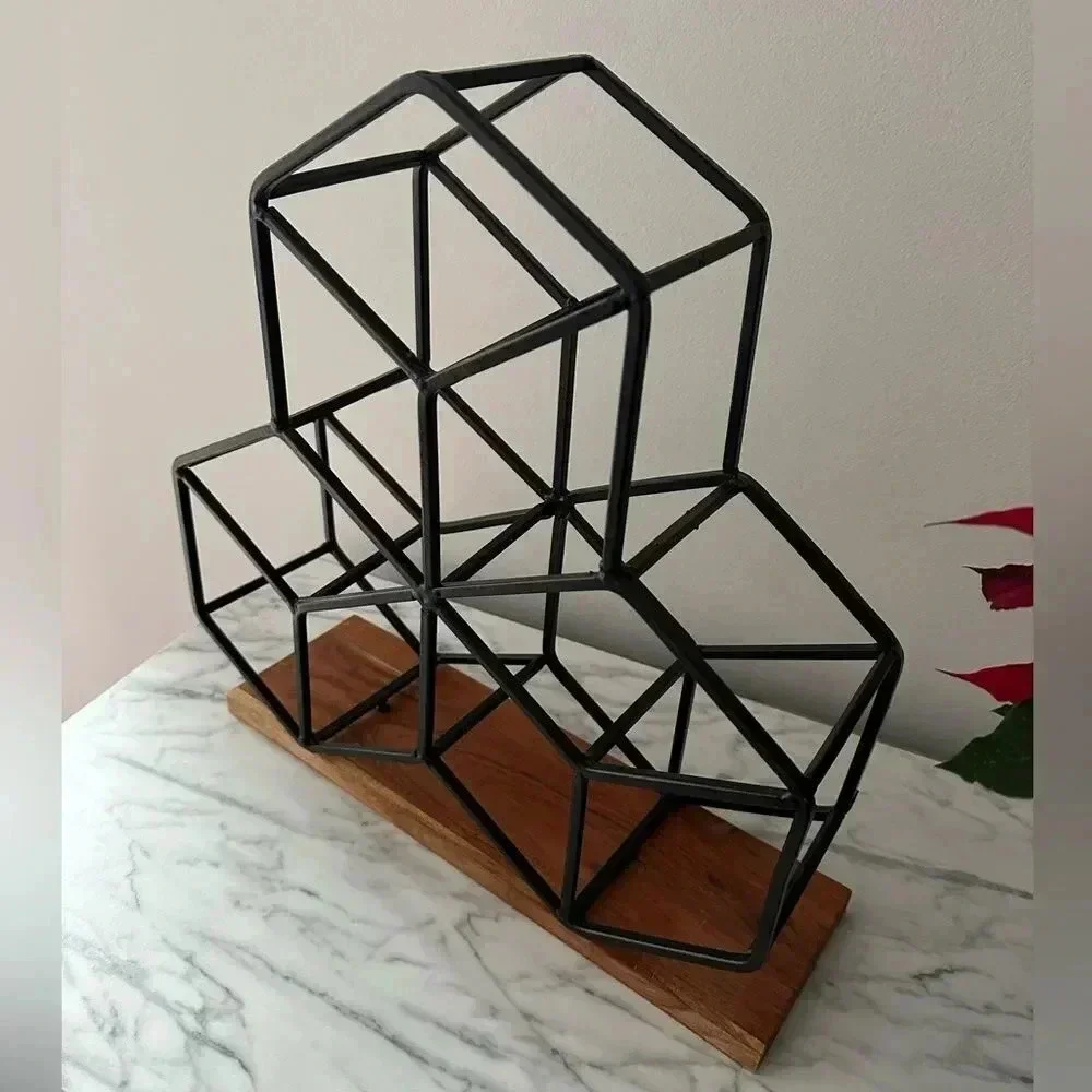Wooden and metal bottle holder holds 9 bottles geometric shaped NWOT